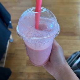 Banana smoothie with strawberry flavored syrup Banana smoothie with strawberry flavored syrup
