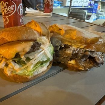 Capitol Burger - Cheeseburger left. Bleu cheese burger with mushrooms right. - Burgers Near Me - Torrey, Utah