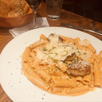 Esposito’s Italian - Rigatoni and scallops, garlic rolls on top left. - Italian Near Me - Tampa, Florida