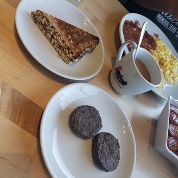 Eggsquisite Cafe - Toast, side of sausage, coffee, corned beef hash. - Breakfast & Brunch Near Me - Mansfield, Texas