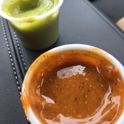 Apatzingan Catering - Red sauce (nose-run hot!) and avocado sauce for your tacos