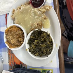 Pioneer Cafe - Chicken and dressings with turnip greens and sweet potato casserole. Side of cranberries.