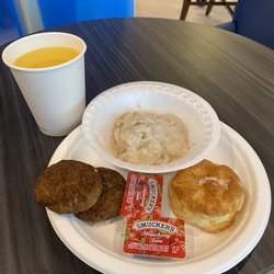 Biscuits, gravy, sausage, juice