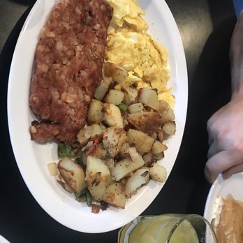 Frank's Downtown Cafe - Corn beef hash with scrambled eggs country potatoes and a side of a pancake...and a mimosa! - Cafes Near Me - Manteca, California