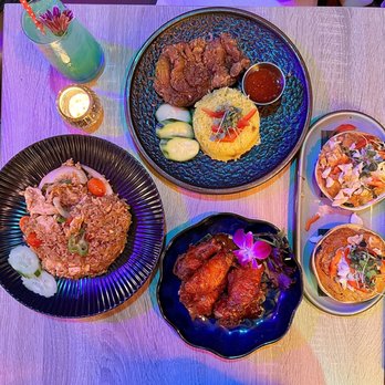 Khaosan - Blue Melon Soda, Khao Mok Gai, Spicy Basil Fried Rice chicken, Hor Mok. Siracha chicken wings - Thai Near Me - Brooklyn, New York