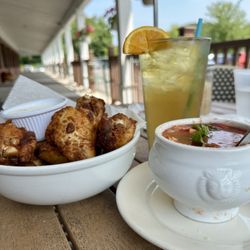 Dottie Audrey's Bakery Kitchen - This screams summer. Chilled Watermelon Gazpacho, Chicken Wings, and an an Iced Camomile Mint Tea