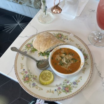 Heirloom Haul - Chicken and goat cheese sandwich with creamy tomato basil soup - Tea Rooms Near Me - Frisco, Texas Heirloom Haul - Chicken and goat cheese sandwich with creamy tomato basil soup - Tea Rooms Near Me - Frisco, Texas