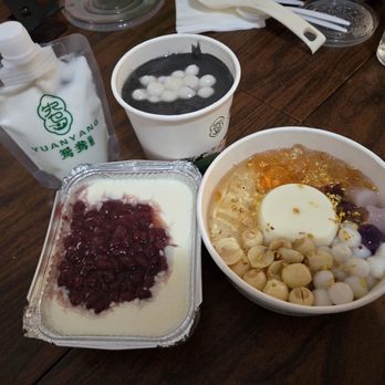 Yuan Yang - Clockwise: black sesame paste, soymilk pudding dessert, double layer milk custard with red bean - Desserts Near Me - Brooklyn, New York Yuan Yang - Clockwise: black sesame paste, soymilk pudding dessert, double layer milk custard with red bean - Desserts Near Me - Brooklyn, New York