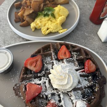 Scramblers Cafe - Ube Waffle, eggs and potatoes - Breakfast & Brunch Near Me - Ontario, California