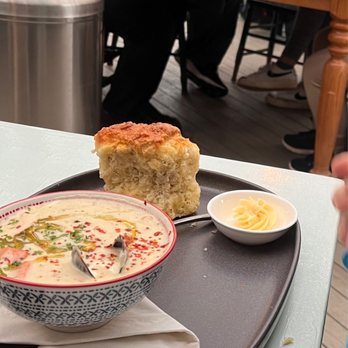 Blue Mussel Cafe - Seafood chowder with herb biscuit and maple butter - Seafood Near Me - Rustico, Prince Edward Island