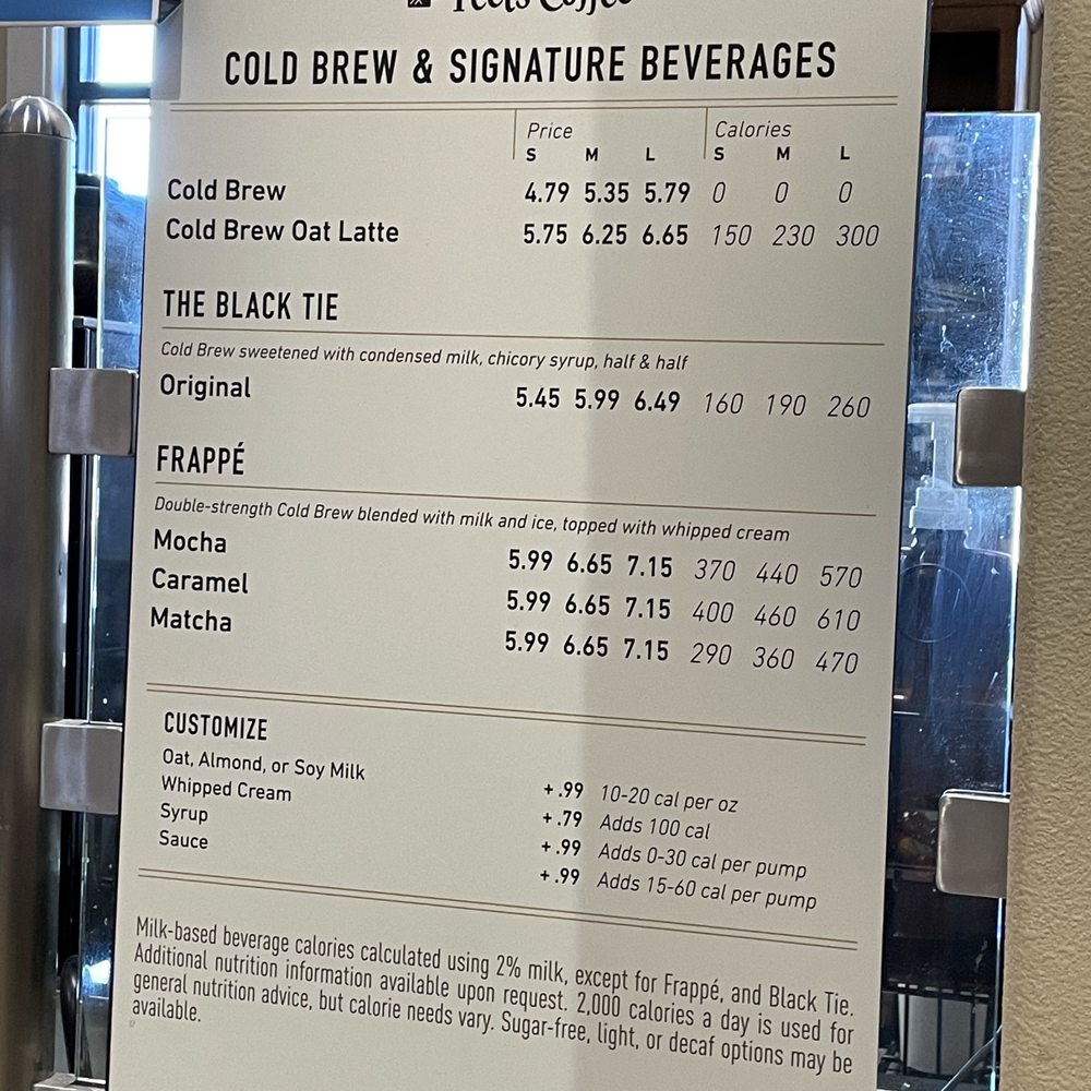 Peets Coffee - a menu for cold brew and signature beverages - Coffee & Tea Near Me - Yermo, California