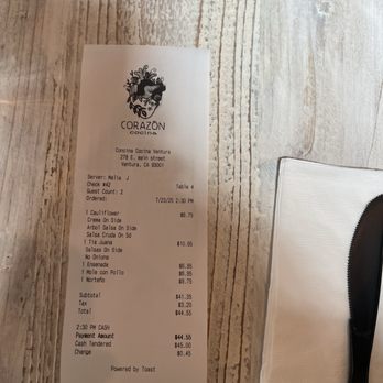 Corazon Cocina VTA - Our receipt. $44 for 5 delicious tacos. - Mexican Near Me - Ventura, California Corazon Cocina VTA - Our receipt. $44 for 5 delicious tacos. - Mexican Near Me - Ventura, California