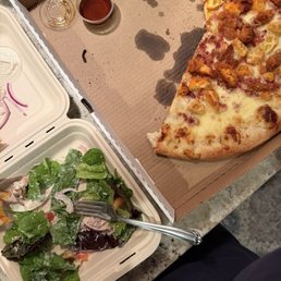Chicken and waffles pizza and salad Chicken and waffles pizza and salad