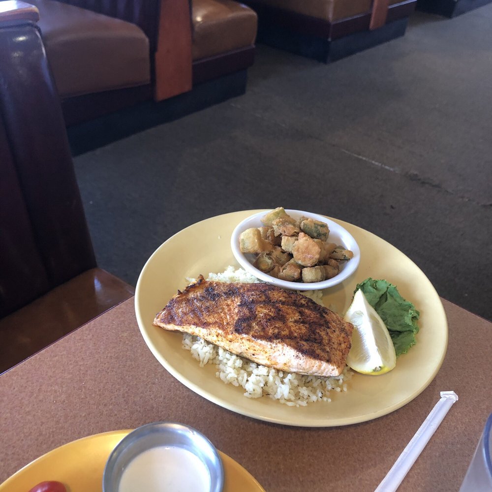 Y'alls Steakhouse - Salmon with rice, fried okra and salad - Steakhouses Near Me - Alamogordo, New Mexico