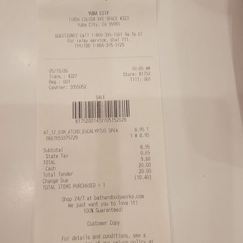Bath & Body Works - May 15 receipt - Cosmetics & Beauty Supply Near Me - Yuba City, California Bath & Body Works - May 15 receipt - Cosmetics & Beauty Supply Near Me - Yuba City, California
