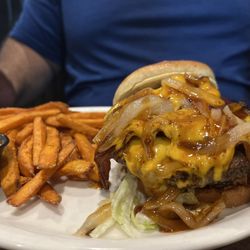 Legends Grille - Legends burger medium well with sweet potato fries