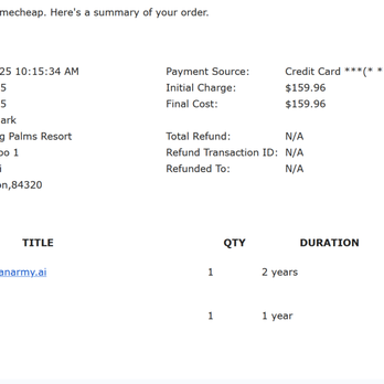 Namecheap - Additional seller invoice - Shows transaction details verifying that payment was made in full. - Web Design Near Me - Phoenix, Arizona