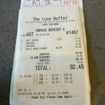 The Luxe Buffet - We first got 10% off bill and then after we got 50% off bill for the roaches we saw! Disgusting place! - Buffets Near Me - Ontario, California The Luxe Buffet - We first got 10% off bill and then after we got 50% off bill for the roaches we saw! Disgusting place! - Buffets Near Me - Ontario, California