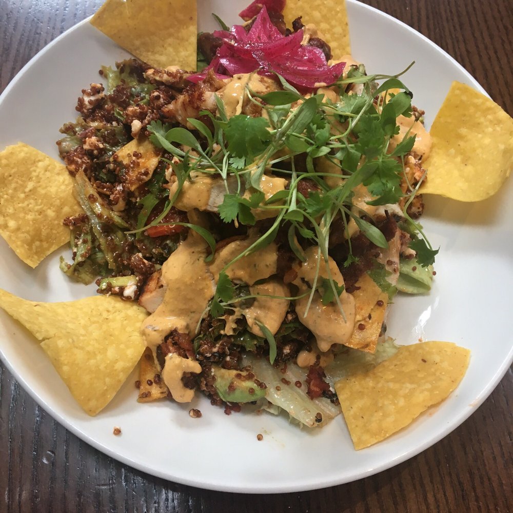 Grilled chicken salad. Chipotle dressing and chorizo just made this far too heavy. Grilled chicken salad. Chipotle dressing and chorizo just made this far too heavy.