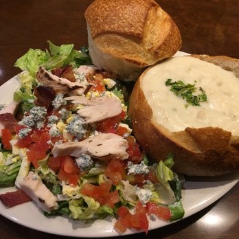 Boudin SF - Clam Chowder Bread Bowl with a Cobb Salad - Bakeries Near Me - Sunnyvale, California