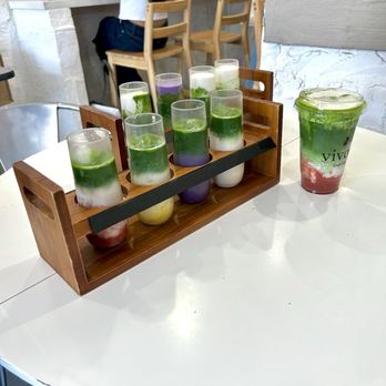 Vivot Craft Cafe - Matcha flights (fruit flight in front) and strawberry matcha latte - Bubble Tea Near Me - Fullerton, California Vivot Craft Cafe - Matcha flights (fruit flight in front) and strawberry matcha latte - Bubble Tea Near Me - Fullerton, California