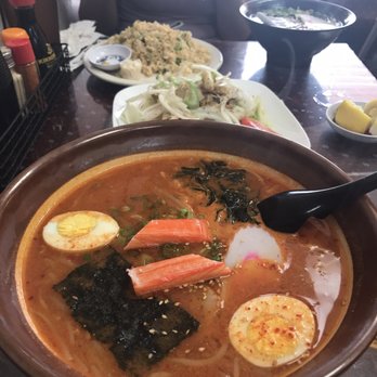 Matsuchan - Hot and spicy ramen (front), conch salad (middle), fried rice and shumai (part of ramen set-back) - Ramen Near Me - Canton, Michigan