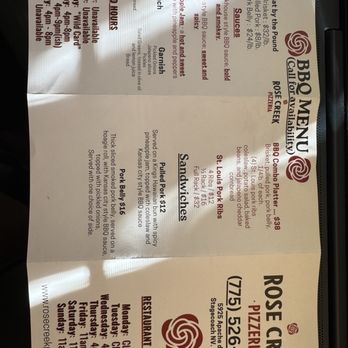 Rose Creek Pizzeria - Paper menu because the BBQ is on the menu now. - Pizza Near Me - Stagecoach, Nevada Rose Creek Pizzeria - Paper menu because the BBQ is on the menu now. - Pizza Near Me - Stagecoach, Nevada