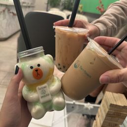 Pistachio dessert, oolong, brown sugar boba Pistachio dessert, oolong, brown sugar boba