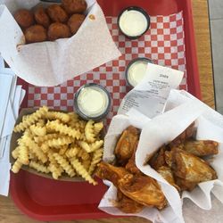 10 piece wings (Stupid Flavor/Mango Habanero) + Lunch Special (Stupid Flavor, 6 piece boneless + fries + drink & sauce)