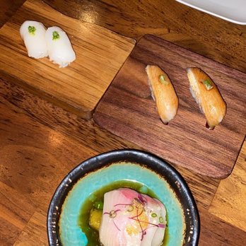 Uchi Dallas - Scallop, salmon and the white fish has citrus ponzu... SOOOOO GOOD! All 3 of the dishes!!!! - Japanese Near Me - Dallas, Texas