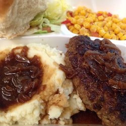 LA 88 Discount Food Mart - Hamburger steak, mashed potatoes and gravy, salad, corn maque choux, and dinner roll