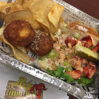 Rudy's on the Roll - Half of a lobster roll that I split with a coworker and half order of the crab balls (1 order comes with 4) - Food Trucks Near Me Rudy's on the Roll - Half of a lobster roll that I split with a coworker and half order of the crab balls (1 order comes with 4) - Food Trucks Near Me