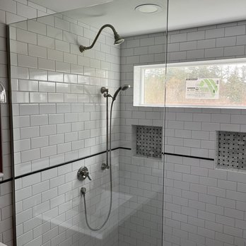 Red Flannel Construction - To the studs bath remodel. Floor to ceiling tile. Multi head shower. Custom subway tile application. - General Contractors Near Me - Oak Harbor, Washington Red Flannel Construction - To the studs bath remodel. Floor to ceiling tile. Multi head shower. Custom subway tile application. - General Contractors Near Me - Oak Harbor, Washington