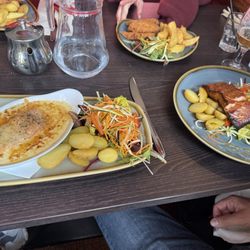 Fiddlers - Cheese Salmon (left), Whiskey salmon (right), chicken and chips (top,kids menu).