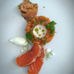 Italian Chef Daniel - Salmon variation with smoked salmon, flambéed salmon and sanlmon tartare