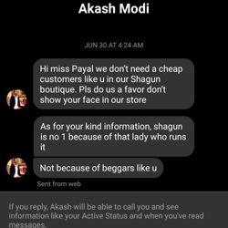 Shagun - A screenshot of the very unprofessional reply I received from Shagun for my honest review.  Calling me a beggar.