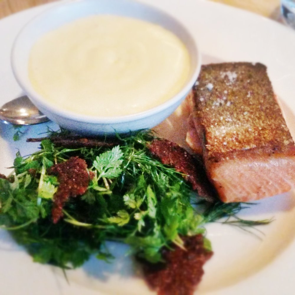 Touquet - Akaroa king salmon confit with lemon potato, herb salad and garlic nougatine - French Near Me - Auckland, AUK