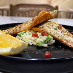 Little Corner Cafe - Oceanic Branzino Risotto (Branzino, lemon zest, edamame, in a white wine sauce)