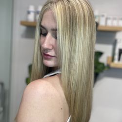 VYBE SALON - Adding dimension to the blonde highlights . Bright blonde