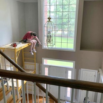 Littledell Painting - Here's Rhonda way up on the scaffolding. This is how we reach the tallest of ceilings! - Painters Near Me Littledell Painting - Here's Rhonda way up on the scaffolding. This is how we reach the tallest of ceilings! - Painters Near Me
