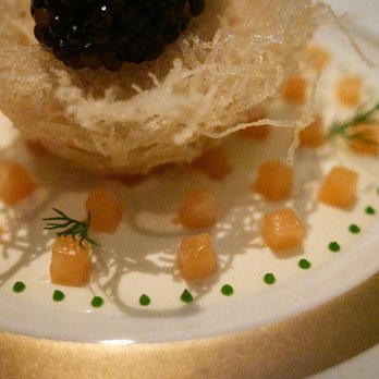 Joel Robuchon - Le Caviar Imperial - Crispy soft boiled egg and smoked salmon topped with imperial caviar - Close up - French Near Me - Las Vegas, Nevada