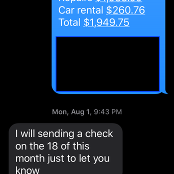 Car Crafters - Text from the owner Jovanny saying he will send us a check on August 18th, 2022 - Body Shops Near Me - Irving, Texas