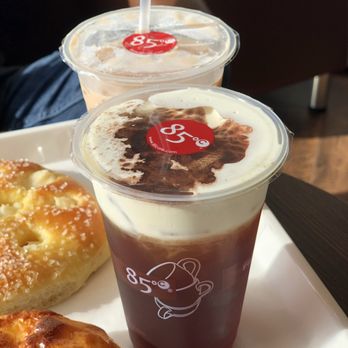 85°C Bakery Cafe-Lakeline - Sea salt (front) and rose milk tea. - Coffee & Tea Near Me - Austin, Texas 85°C Bakery Cafe-Lakeline - Sea salt (front) and rose milk tea. - Coffee & Tea Near Me - Austin, Texas
