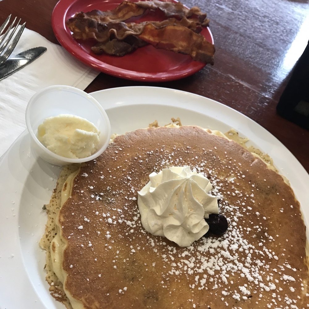 Early Riser Diner - Blueberry pancakes with a couple choc chips I ordered and bacon.  Also good coffee here - Diners Near Me - Myrtle Beach, South Carolina