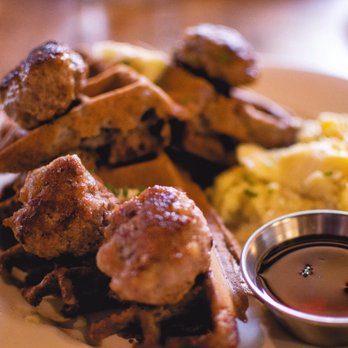 Commune - Cornmeal waffles, breakfast sausage and scrambled eggs - Cafes Near Me - Virginia Beach, Virginia Commune - Cornmeal waffles, breakfast sausage and scrambled eggs - Cafes Near Me - Virginia Beach, Virginia