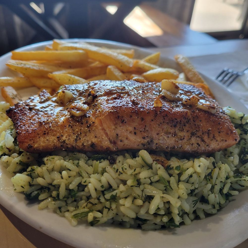Hestia Fresh Grill - Salmon platter with spinach rice and fries was delicious - Greek Near Me - Largo, Florida Hestia Fresh Grill - Salmon platter with spinach rice and fries was delicious - Greek Near Me - Largo, Florida