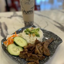 Yumi Cafe Tomball - Streamed rice with grilled pork slices and Yumi milk tea