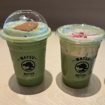 Matsu Matcha - Banana pudding matcha crème brulee (left) Guava Matcha (right).  Both delicious - Desserts Near Me - Pleasanton, California