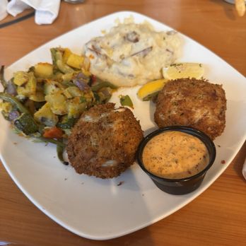Miller's Waterfront Restaurant - Crab Cakes with mashed potatoes and zucchini/squash. - Seafood Near Me - Nags Head, North Carolina