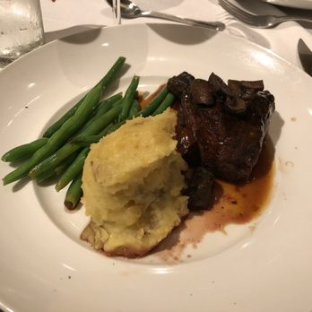 Seasons 52 - Wood - Grilled Filet Mignon, French green beans, lemon parsley marble potatoes, red wine sauce - New American Near Me - Houston, Texas